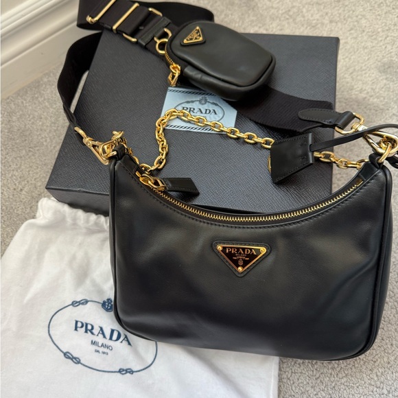 Prada Handbags - Prada Black Leather Shoulder Bag with Gold Hardware and Chain